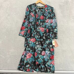 VTG 70s Whirlaway Dress Faux Button Floral Cottage Core Flutter Roses Secretary